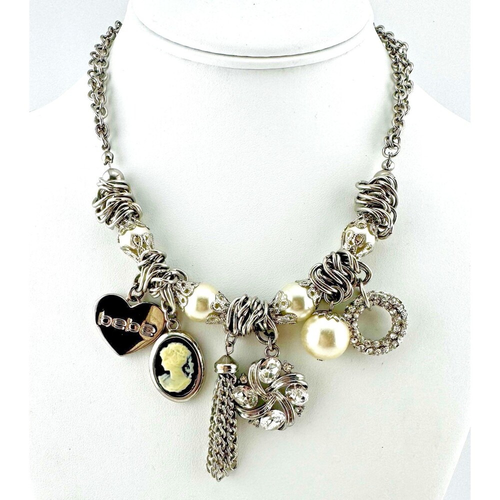 Bebe Y2K Charm Necklace Silver Tone Cameo Faux Pearl Rhinestone Statement